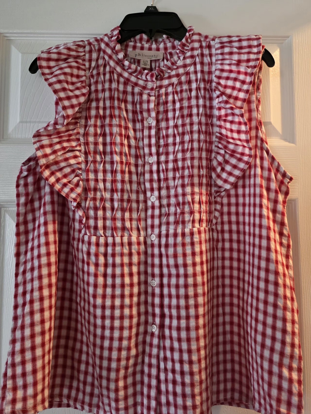 philosophy red & white gingham ruffle button-front top